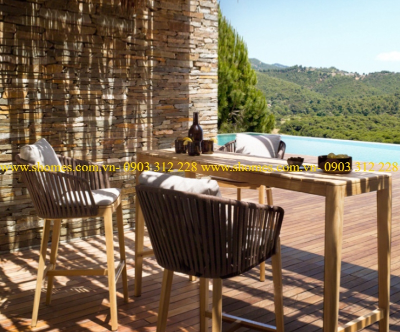 bàn ghế cafe gỗ thanh lý, nơi bán bàn ghế gỗ cà phê, Bộ bàn ghế bar cafe gỗ sợi dù ngoài trời, bàn ghế bar cafe, bàn ghế bar ngoài trời, bàn ghế gỗ sợi dù