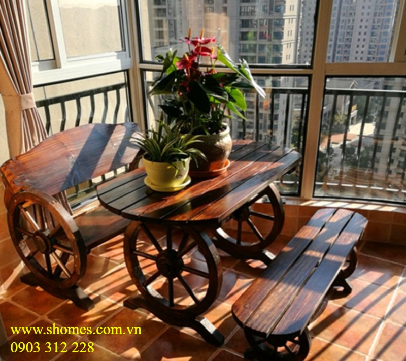Bộ Bàn Ghế Gỗ Ngoài Trời Hình Bánh Xe Dài 1,2m - Giá Xưởng công ty bàn ghế gỗ ngoài trời